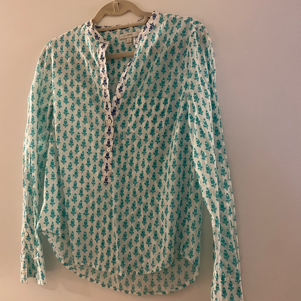 J. Crew Teal and White Patterned Blouse